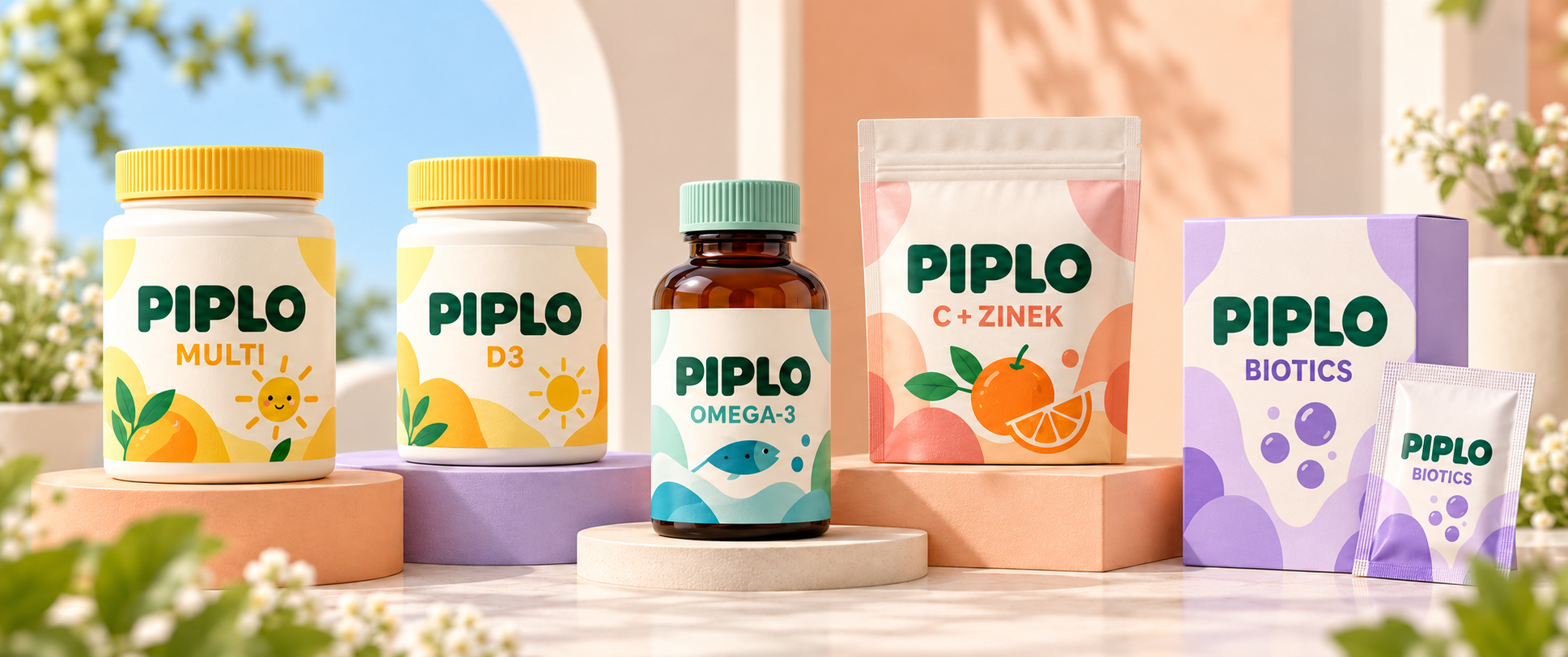 Pastelová řada PIPLO: Multi, D3, Omega-3, C + zinek a Biotics na barevných podstavcích